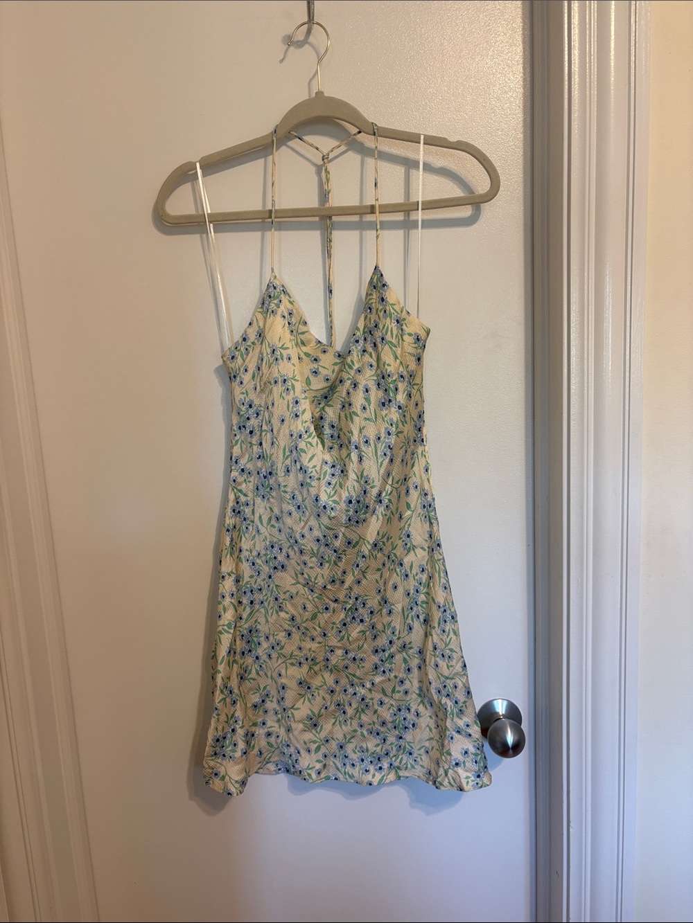 Zara Cream Slip Dress with Blue Floral Print